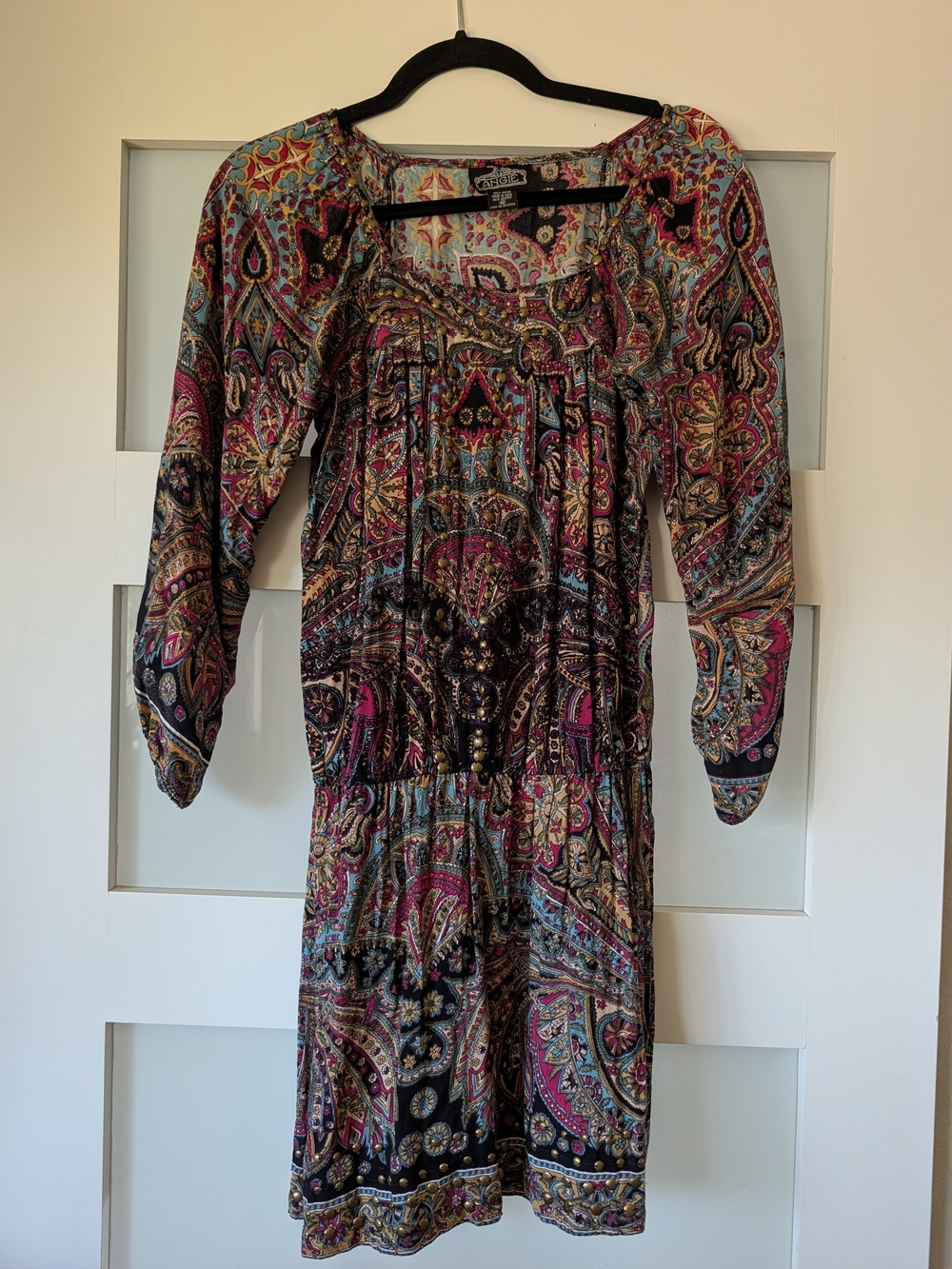 Angie Black Multicolor Paisley Long-Sleeve Smocked Mini Dress
